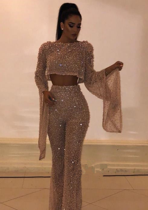 Yousef aljasmi Jumpsuit Prom Dresses Two Pieces Long Sleeves Sequined Formal Evening Gowns Backless African Party Gowns Plus Size