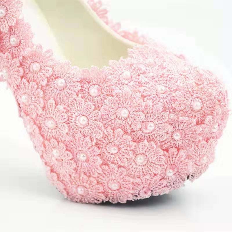 Lace Flower Wedding Shoes Pearls Pumps High Heels Bridal Shoes 14cm Bling Bling Prom Shoes for Lady