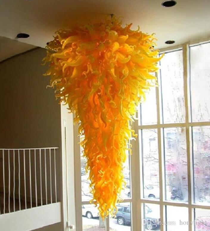 Yellow Colored Glass Flower Chandelier Lighting Villa Hotel Contemporary Glass Chandelier Hand Blown Glass Modern LED Large Chandelier