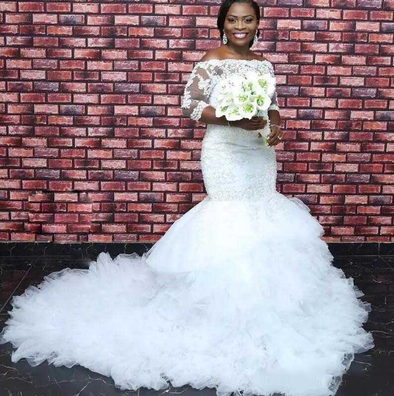 Plus Size Mermaid Wedding Dresses South Africa Beads Lace Applique Long Sleeves Sweep Train Bridal Dresses