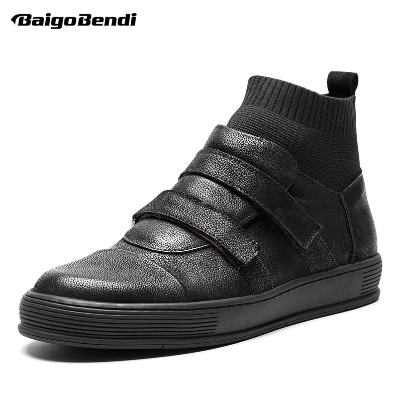 Hot Sale-uine Leather Hook Loop Ankle Boots Man Casual Boots Boy Trendy Sock Sneakers Shoes