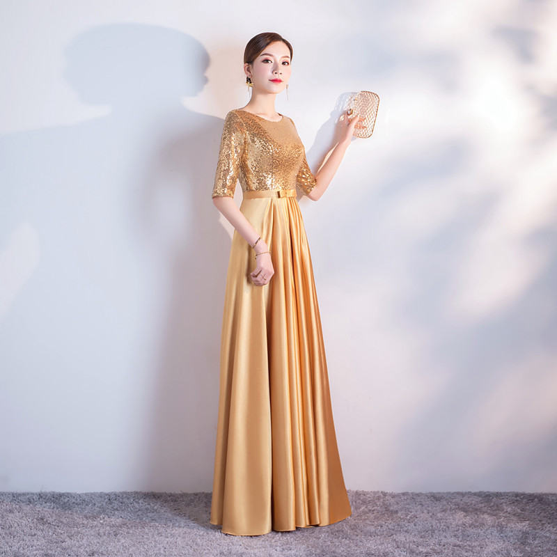 Satin Long Bridesmaid Dresses with Sequins Top 2020 Half Sleeves Evening Gown Lace Up Party Dress Elegant Gold Royal Blue Red