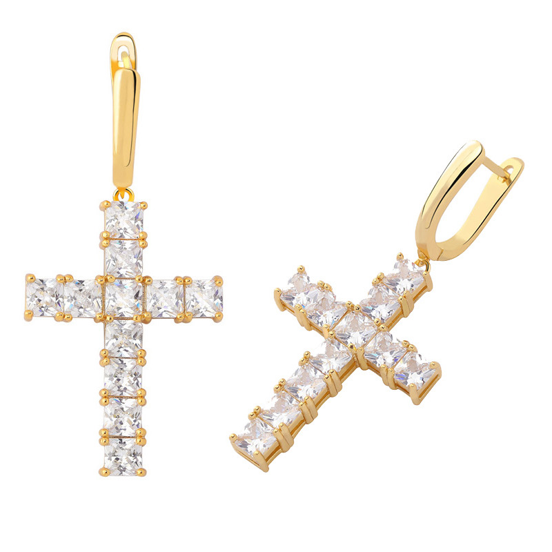 Hip Hop Shining Charm Cross Stud Earrings New Style Colorful Bling Zircon Dangle Earrings Platinum Plated Wholesale