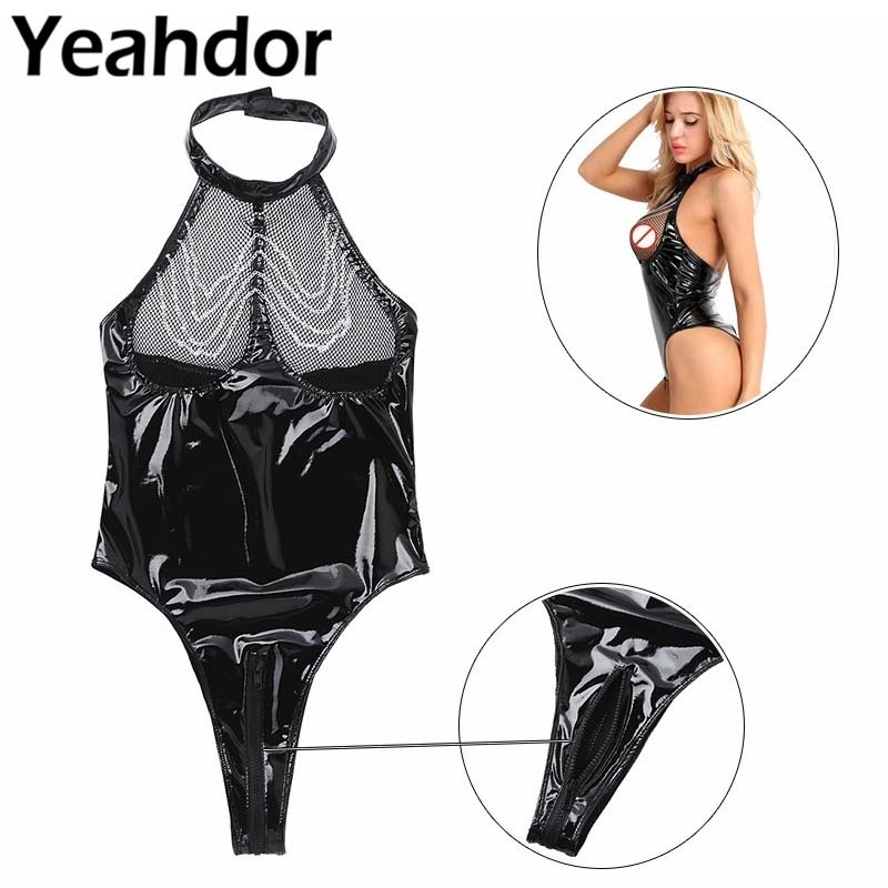 Sexy Women Wetlook Patent Leather Mesh Fishnet Bust Lingerie One-piece Sleeveless Halter Neck Zipper Crotch Leotard Bodysuit LY191222, Black
Sexy Women Wetlook Patent Leather Mesh Fishnet Bust Lingerie One-piece Sleeveless Halter Neck Zipper Crotch Leotard Bodysuit LY191222, Black
