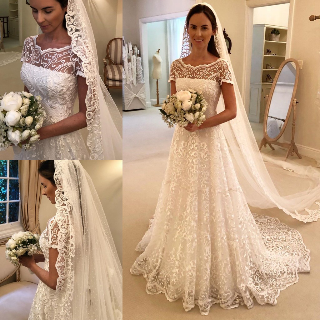 Short Charming Sleeves Lace Wedding Dresses Sheer Bateau Neck A E Plus Size Bridal Gowns Sweep Train Robe De Mari E