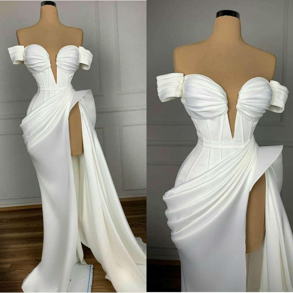 Simple White Satin 2020 Prom Dresses High Side Split Off The Shoulder Cheap Evening Dress A Line Party Wear Formal Gowns