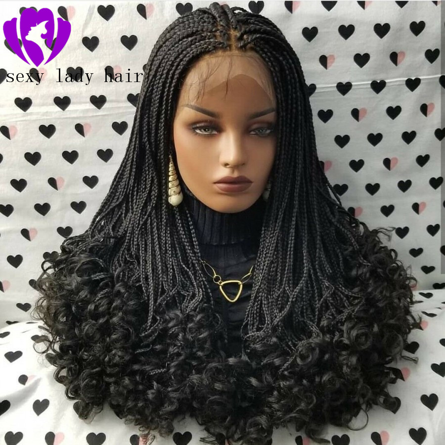 180density full 24inches black/brown /burgundy box braids wig Fully Hand Ponytail synthetic lace front Goddess Braids wig With Curly Tips