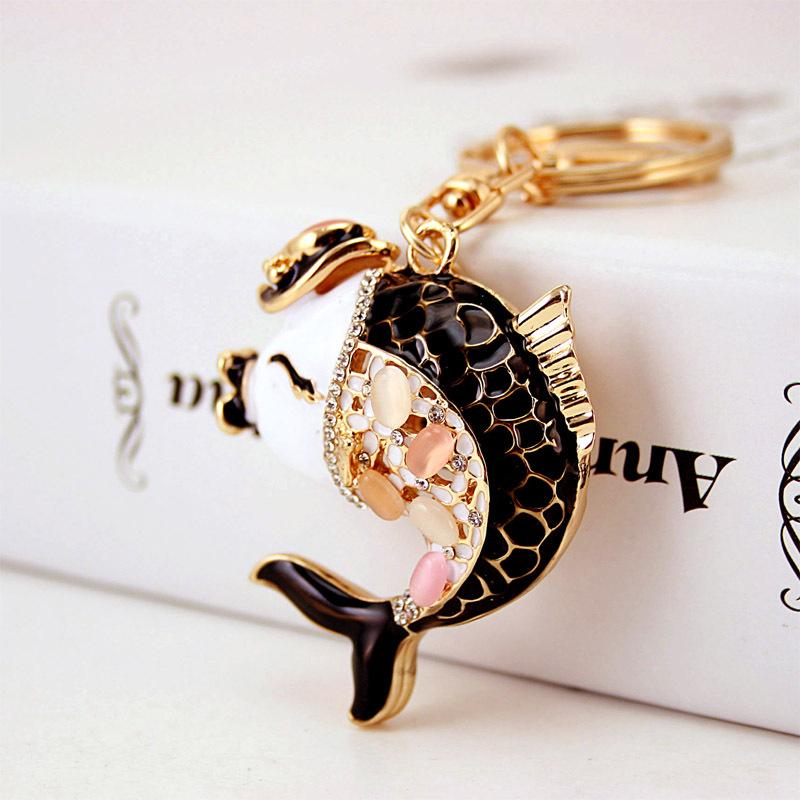 Fashion Car Keychain Gold Plated Alloy Rhinestone Crystal Kawaii Animal Fish Pendant Car Key Chain Accessories Key Ring Holder 3pcs