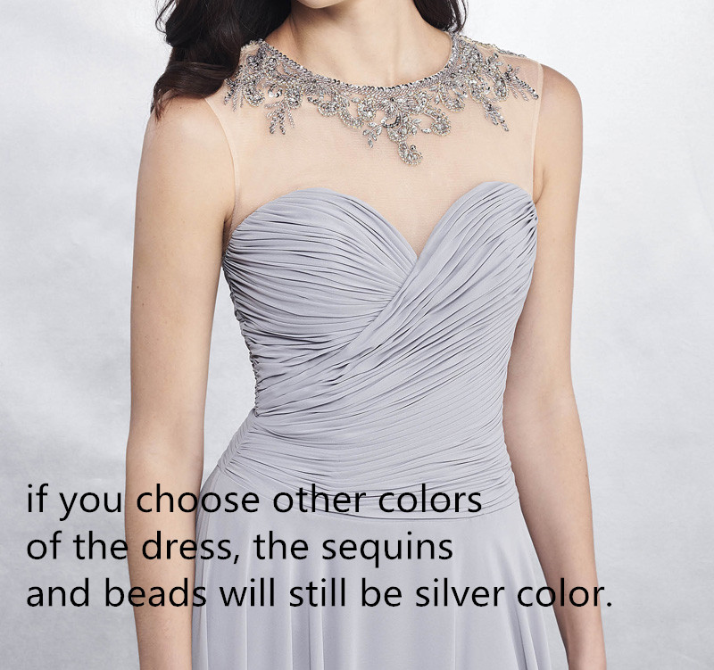 Light Gray Chiffon Bridesmaid Dress Sheer Neckline with Beads Open Back Floor Length Pleats Chiffon Bridesmaid Gowns