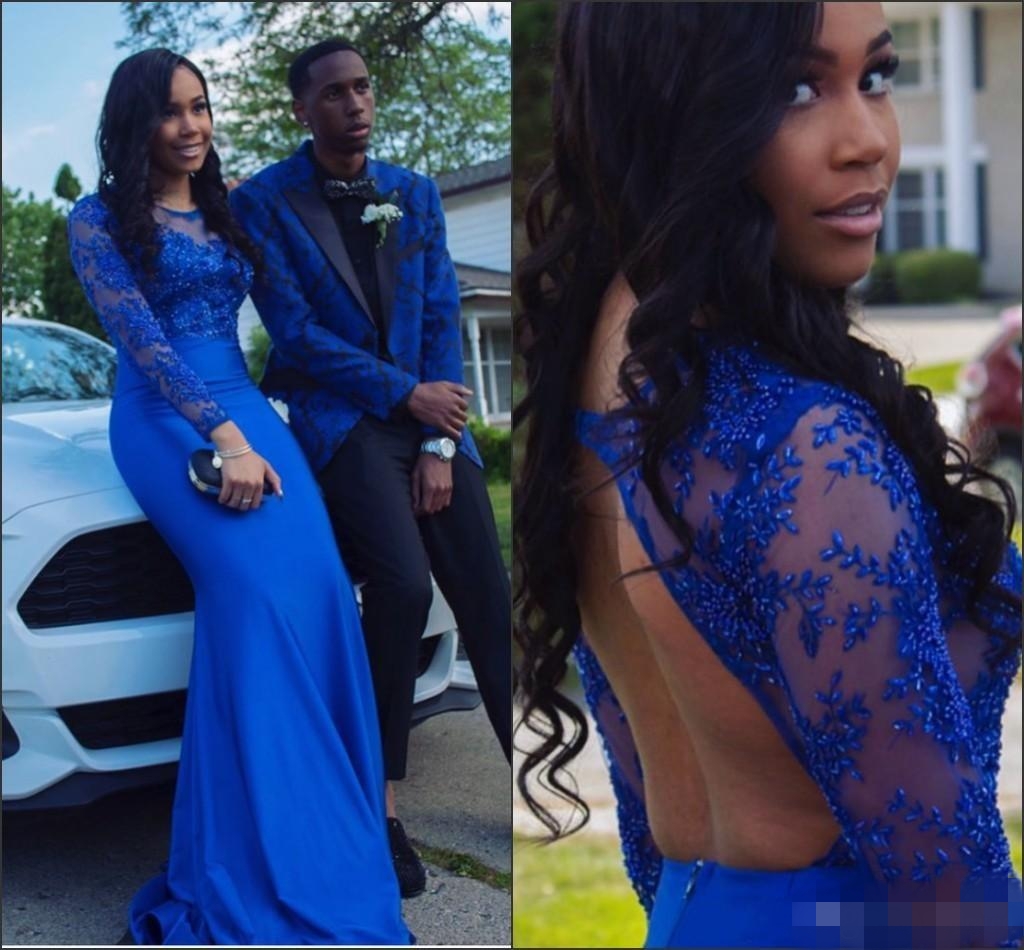 Royal Blue Prom Dresses Sexy Backless Mermaid Lace Applique Beaded Sheer Neck Long Sleeves South African Evening Party Gown