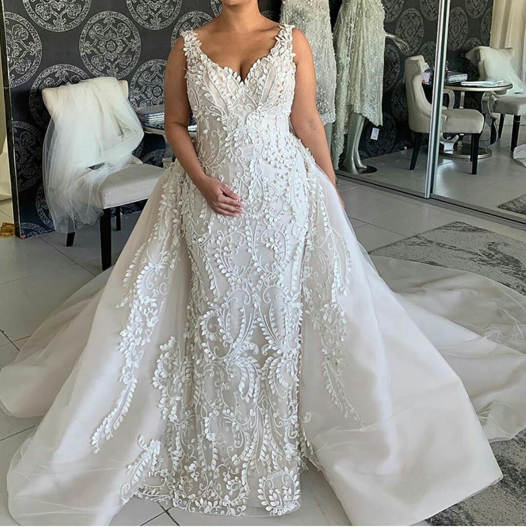 floral mermaid wedding dresses with detachable train sleeveless appliques lace bridal gown custom made sweep train vestidos de novia