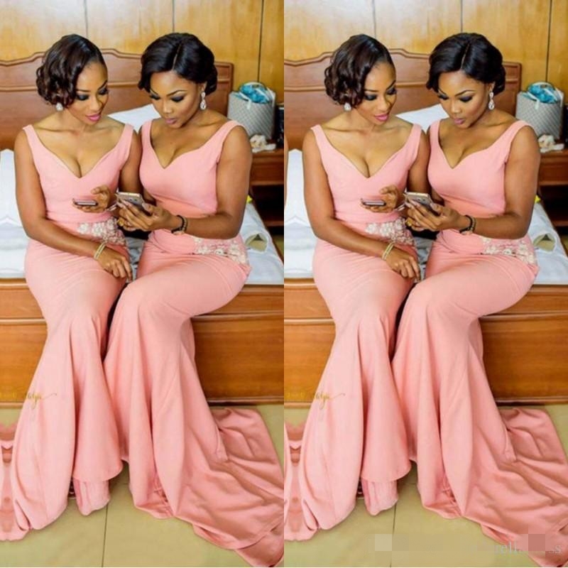 V Neck Straps Mermaid Bridesmaid Dresses Sweep Train Lace Applique African Custom Made Plus Size Maid of Honor Gown Formal Evening Wear