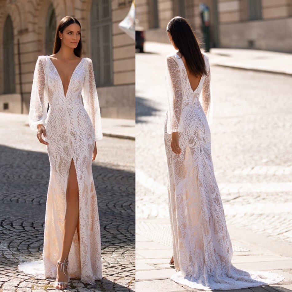 Sexy Mermaid Millanova Wedding Dresses Long Sleeve V Neck Tulle Lace Applique Split Backless Wedding Gowns Sweep Train robe de marié, Lavender
Sexy Mermaid Millanova Wedding Dresses Long Sleeve V Neck Tulle Lace Applique Split Backless Wedding Gowns Sweep Train robe de marié, Lavender