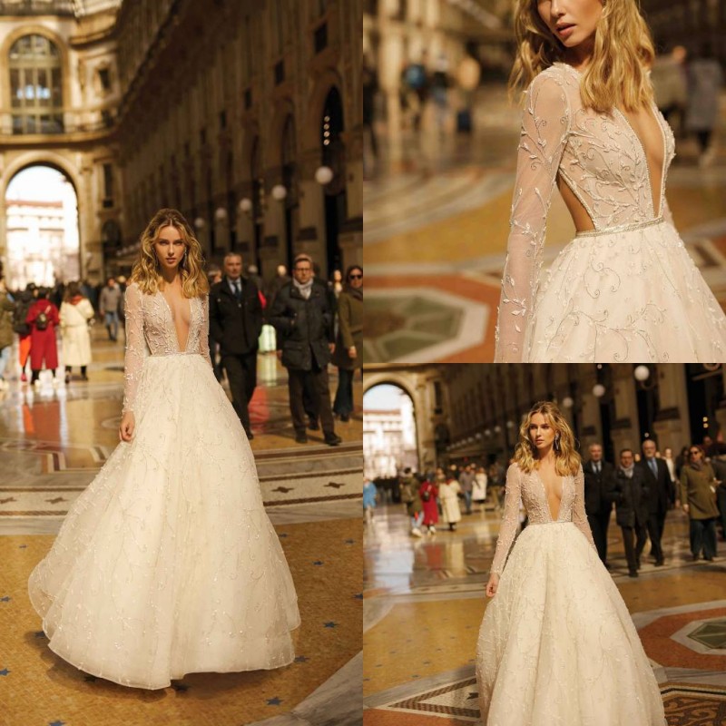 2020 Berta Elegant Bridal Gowns Deep V Neck Sexy Back Beading Appliques Lace A Line Wedding Dresses Sweep Train Bridal Dresses