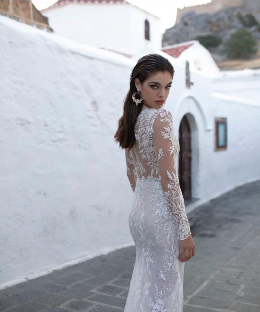 Lian Rokman Mermaid Wedding Dresses 2020 V Neck Lace Applique Sequins Beach Wedding Dress Bridal Gowns Long Sleeve Robes De Mariée