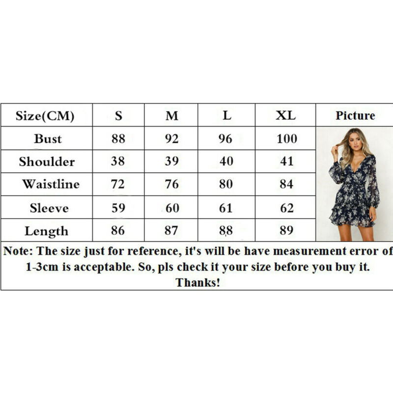 Casual Dresses Womens Boho Floral Chiffon Long Sleeve Wrap Summer Party Evening V-neck Beach Short Mini Dress Sundress S-XL Female1
