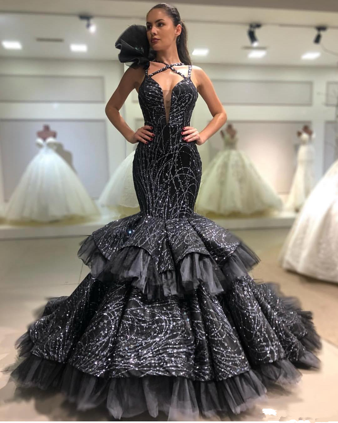 sparkly beaded luxury mermaid prom dresses cross sweetheart backless tiered black evening dress gorgeous celebrity red carpet dresses