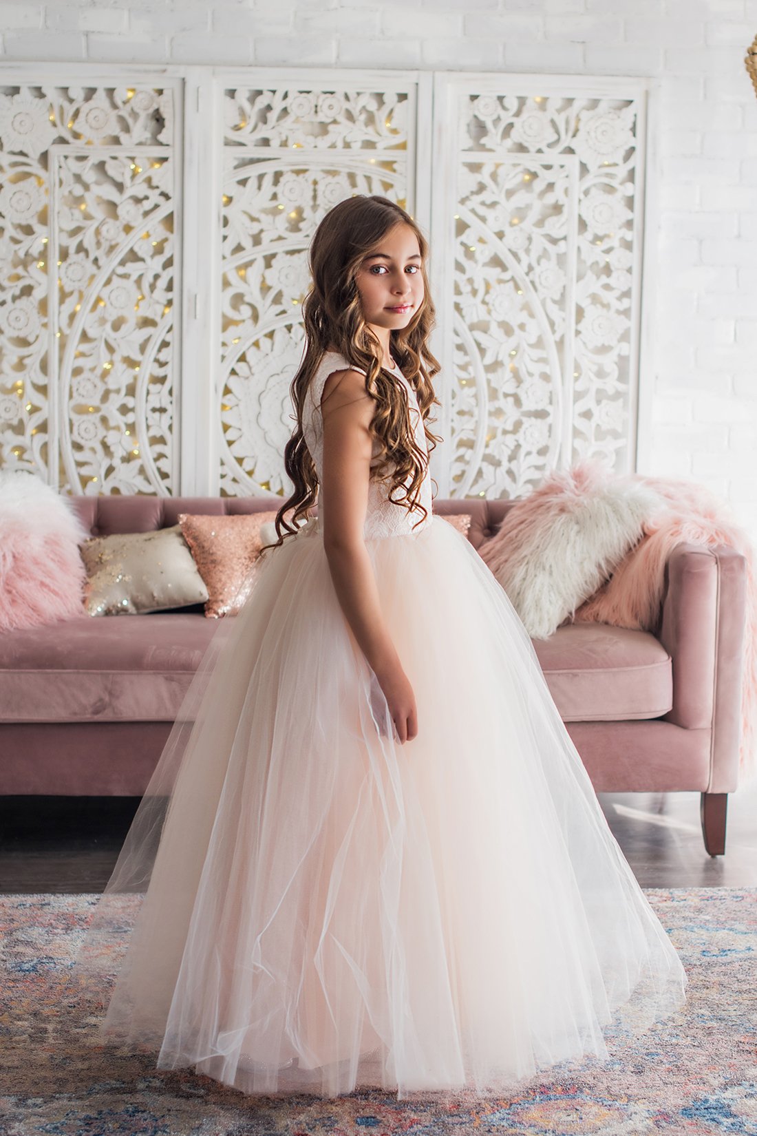 Newest Ball Gown Flower Girl Jewel Neck Sleeveless Tulle Lace Applique Ruched Wedding Dress Ankle Length Girl's Birthday Part 0508