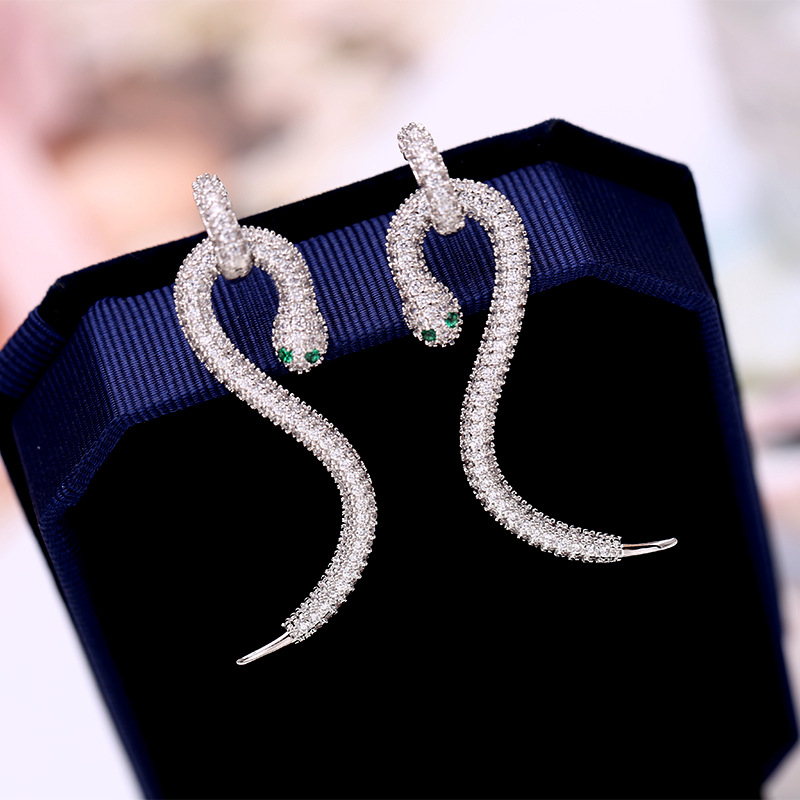 Bling Snake S925 Silver Needle Dangle Earrings White Zircon White Gold Plated Drop Earring Jewelry