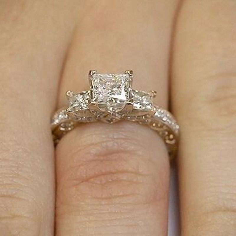 Sterg Sier & Rose Gold Vintage Three Stone Topaz CZ Wedding Ring for Women - Bohemian, Celtic, Animal Pattern 4