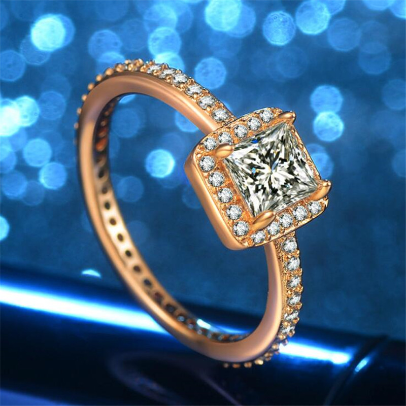 Classical New Simple Fashion Jewelry 925 Sterling Silver&Gold Fill Princess Cut White Topaz CZ Diamond Gemstones Square Women Wedding Ring