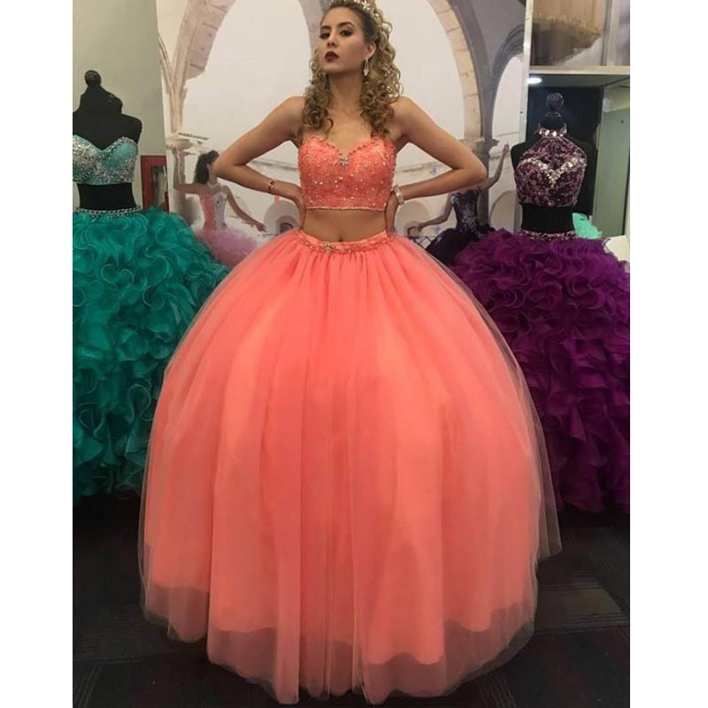 2020 Lovly Coral 2 Pieces Cheap Quinceanera Prom dresses Sweetheart Backless Tulle Rhinestones Beaded Long Cheap Party Formal Sweet 16 Dress
