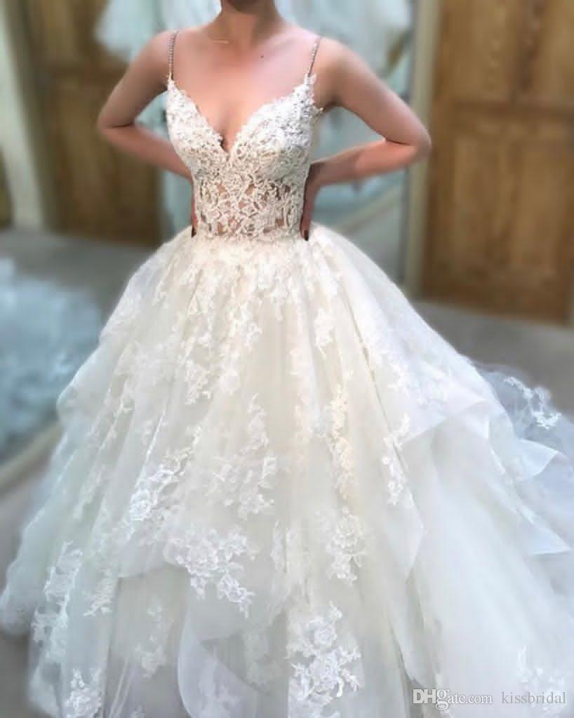 A Line Sexy Lace Dresses Spaghetti Straps Sheer Illusion Bodice Wedding Dress Bridal Gowns With Cascading Skirts Formal Gown
