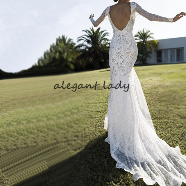 Front Slit Chic Style Bridal Gowns with Long Sleeve 2019 V-neck Vintage Crochet Cotton Lace Bohemian Country Bridal Wedding Dresses
