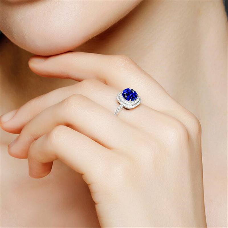Top Selling Popular Luxury Jewelry 925 Sterling Silver Cushion Shape Blue Sapphire CZ Diamond Gemstones Pave Promise Women Wedding Ring Gift
