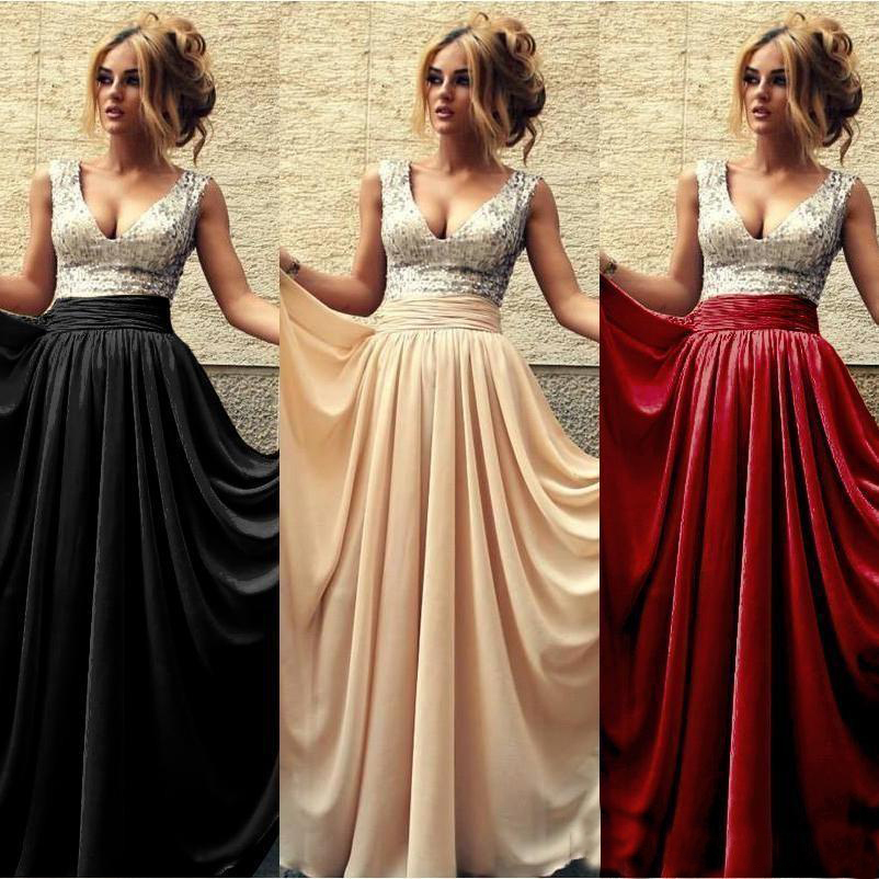 Summer Cheap Evening Dresses V Neck A line Chiffon Sequins Long Prom Dress Burgundy Black Party Gowns