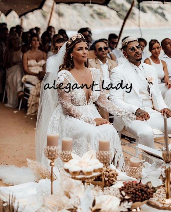 Berta Long Sleeve 2020 Wedding Dresses 3D Floral Full Lace Plus Size V-neck Backless Outdoor Bohemian Garden Country Wedding Gown