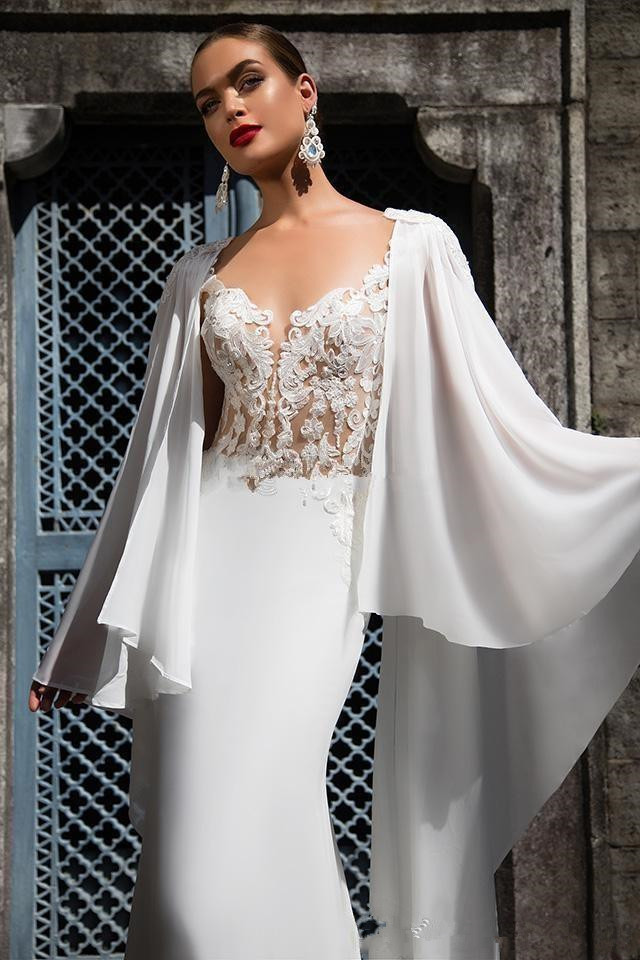 Illusion O-neck Mermaid Wedding Dresses with Long Cape Appliques Covered Button Back Castle Wedding Gown Illusion Lace Bridal Gowns