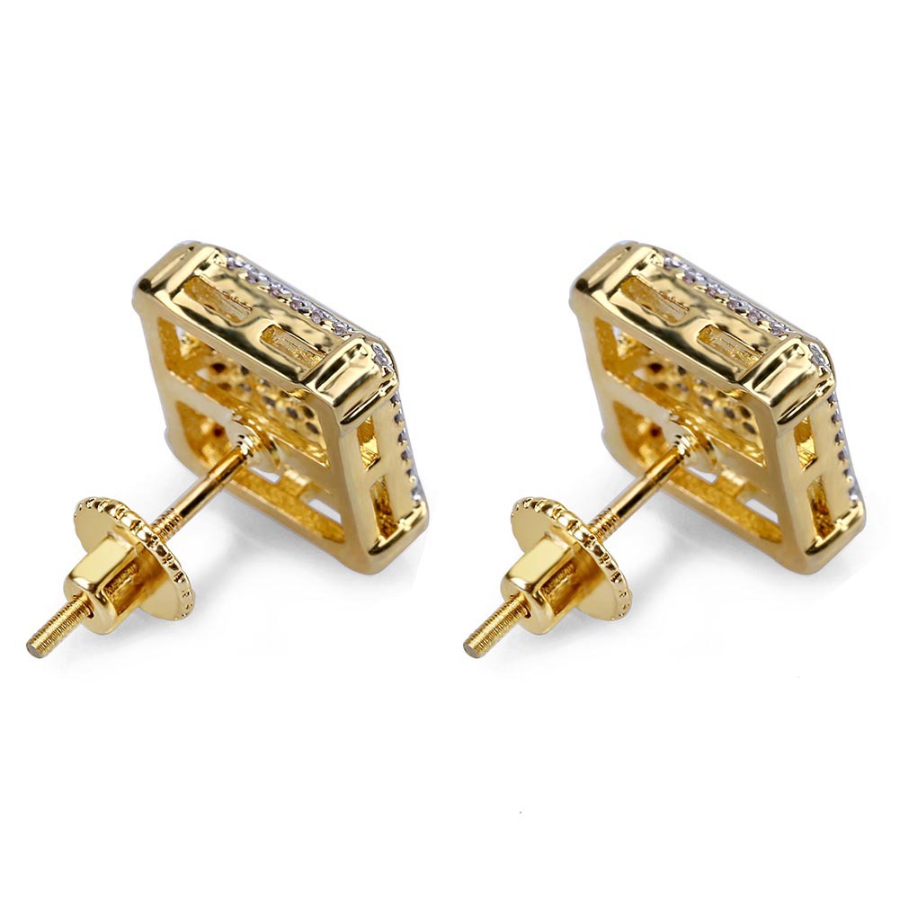 Hip Hop Square Stud Earrings Screw Back Bling Full White Zircon Earrings Gold Plated Vintage Geometric Jewelry