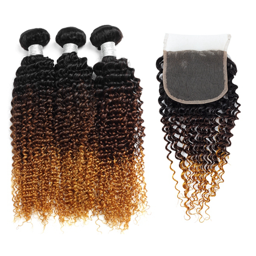 Ombre Human Hair Bundles with Closure Brazilian Hair Kinky Curly 1b/4/30 Human Weave Bundles 3Bundles 3Tone Non Remy Hair Extensions
