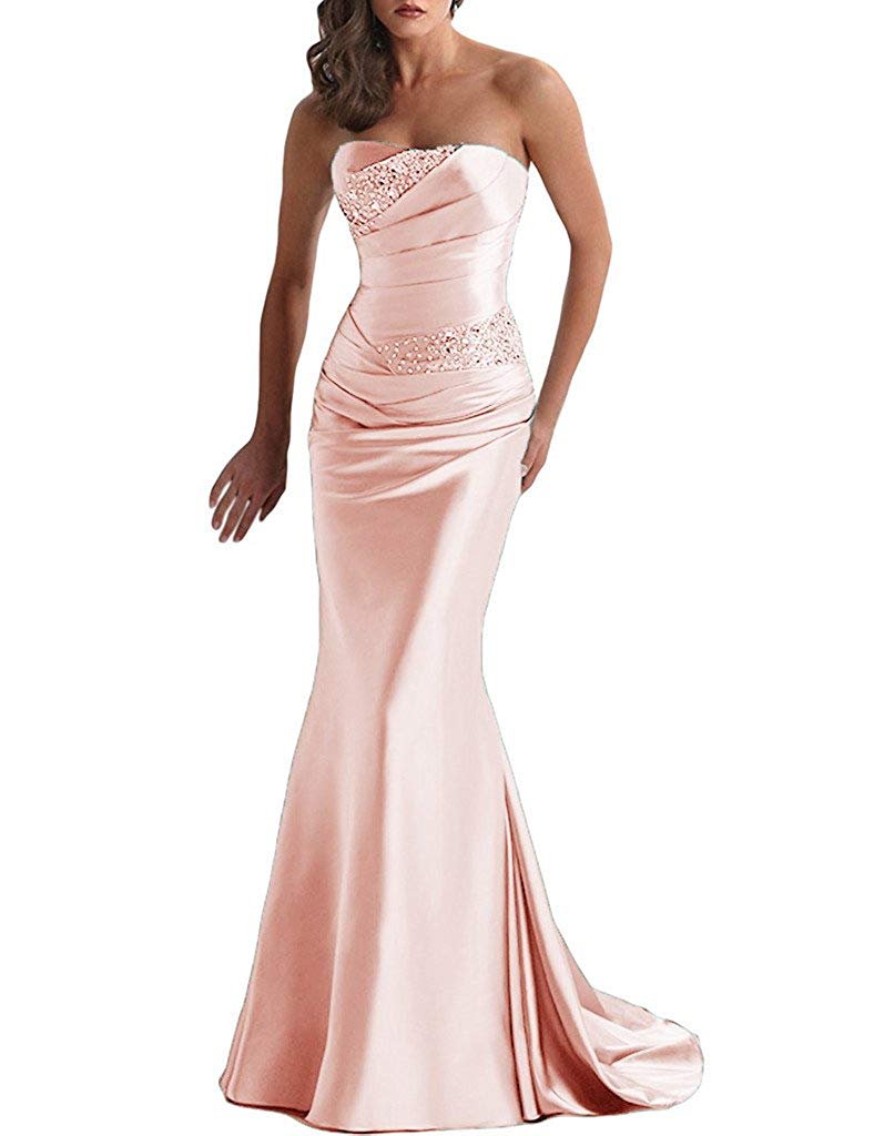 Setwell Strapless Mermaid Evening Dress Sleeveless Pleated Beaded Formal Prom Party Gown For Women