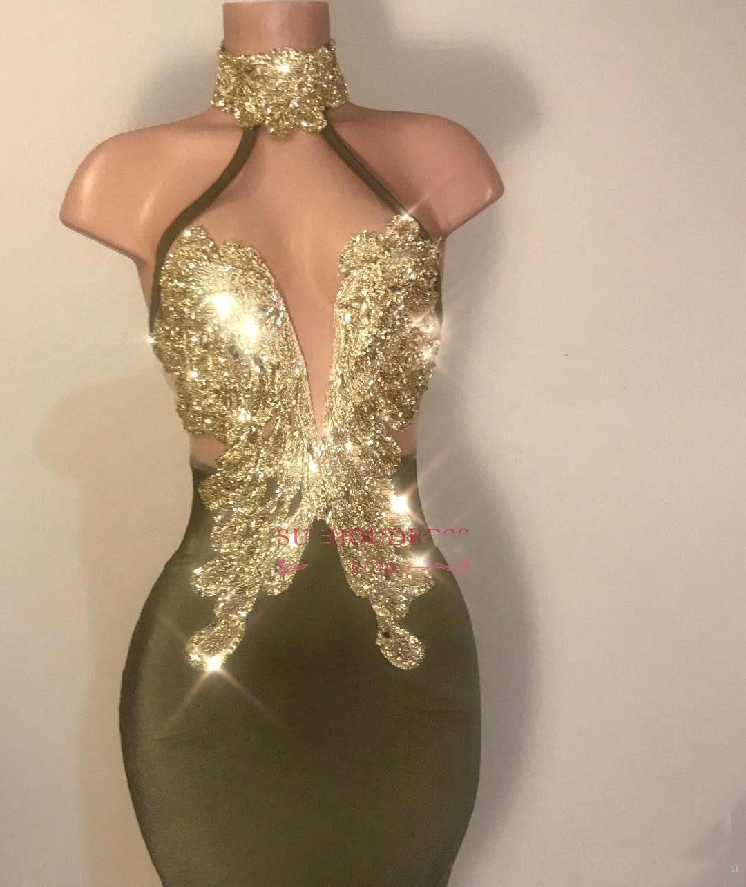 Sexy Mermaid Olive Green Prom Dresses Halter Neck Gold Appliques Backless Stretchy Satin Long Evening Gowns Vestidos Custom Made Party Dress