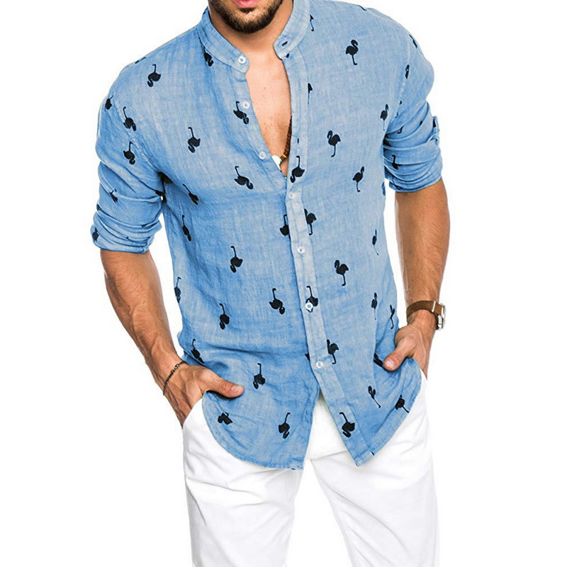 Hawaiian Beach Flamingo Print Shirt 2019 New Button Long Sleeve Chemise Hombre Slim Casual Autumn Linen Shirt Blusa Masculina11