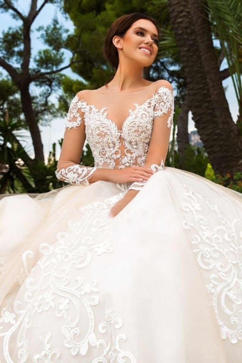 champagne ball gown dresses sheer sweetheart long sleeves bridal gowns lace appliqued tulle wedding dress