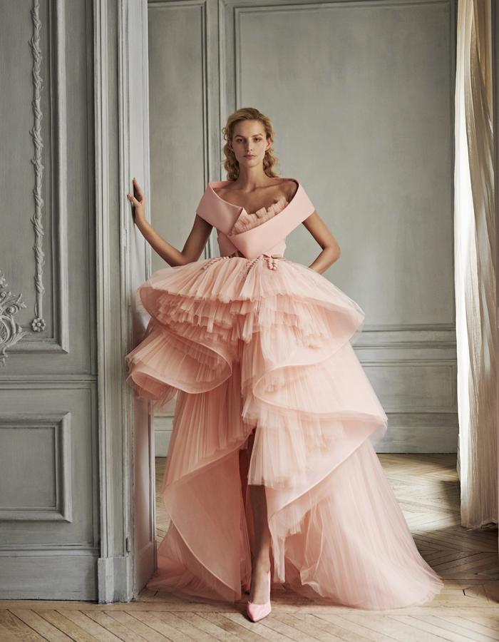 Azzi&Osta Pink Prom Dresses A e Ruffles Sweep Train High Low Designer Evening Dress Tiered Skirts tail Party Gowns