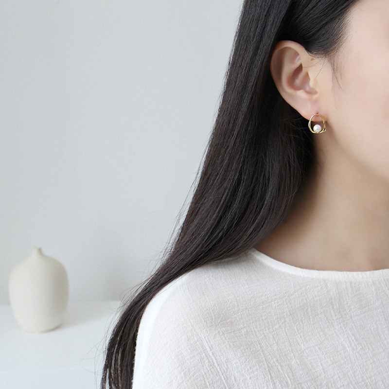 100% 925 Sterling Silver Hollow Irregular Geometric Circle Pearl Stud Earrings For Women New Wedding Party Gifts 18k Gold Color