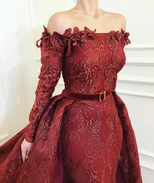 2020 Burgundy Evening Dresses With Detachable Train Lace Appliqued Overskirt Mermaid Prom Dress Long Sleeve Arabic Dubai Formal Gowns