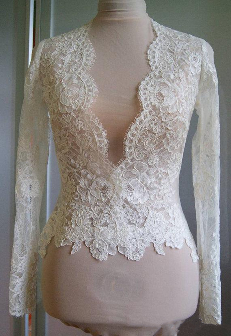 Vintage Wedding Wrap Bolero Jackets White Ivory Wedding Top Lace Long Sleeve Scalloped V Neck Custom Plus Size Bridal Accessories