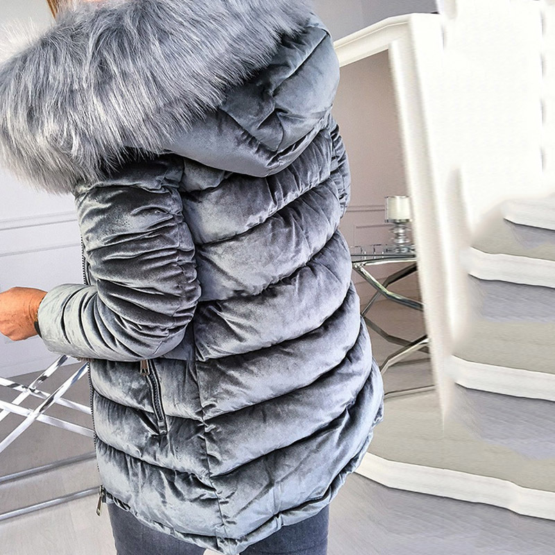 Women Cotton Padded Jackets Gray Pink Hood Fur Collar Thick Fashion Basic Snow Outerwear Winter Velvet Jacket Coat Plus Size