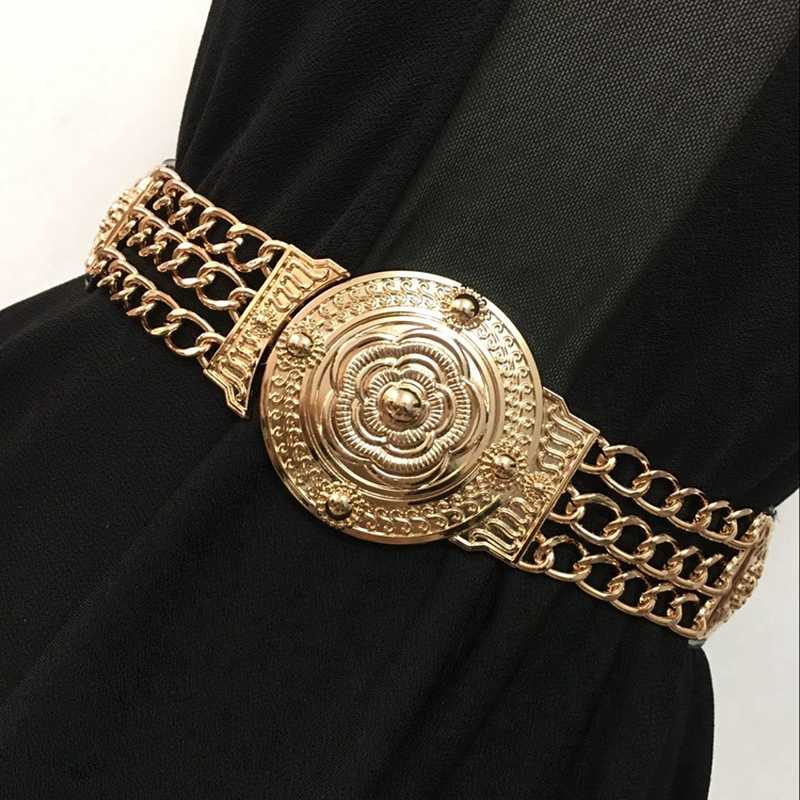 2019 Women Flower Waist Belts Fashion Ladies Floral Elastic Wide Gold Metal Belt For Dress Female Golden Chain Belt Girls