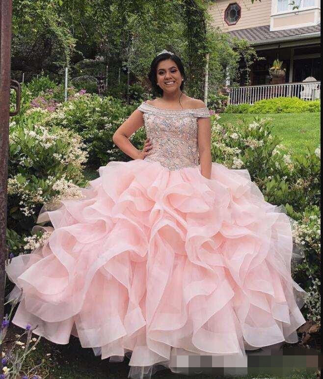 Quinceanera Pink Ruffles Dresses Beaded Off The Shoulder Custom Made Sweet 16 Birthday Party Pageant Ball Gown Formal Evening Wear
