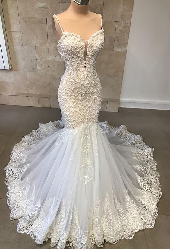 Sexy Mermaid Dresses Spaghetti Lace Bridal Gowns With Appliqued Sweep Train Illusion Sleeveless Princess Wedding Dress Custom