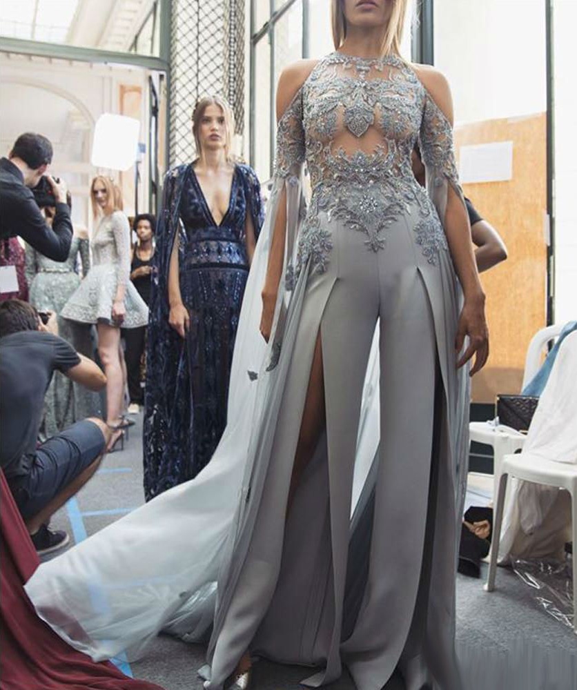 2019 Sexy Women Jumpsuits Long Sleeve Prom Dresses Illusion Lace Applique Beaded Thigh High Slits Evening Gowns Sexy Party Dresses