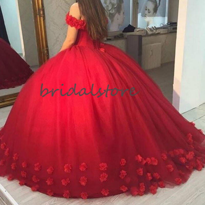 Classy Red Quinceanera Dresses 2020 Off The Shoulder Puffy Ball Gown Prom Dresses 3D Florals Sweet 16 Dress Corset vestidos de 15 anos
