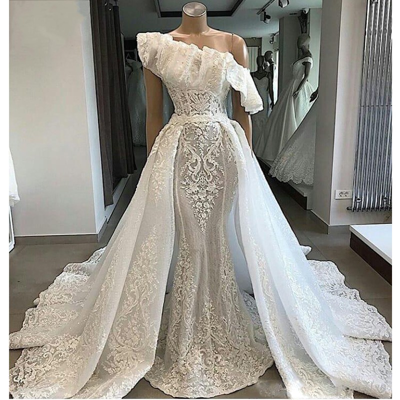 Mermaid Lace Amazing Wedding Dresses With Detachable Beaded One Shoulder Appliqued Bridal Gowns Court Train Trumpet Robe De Marie