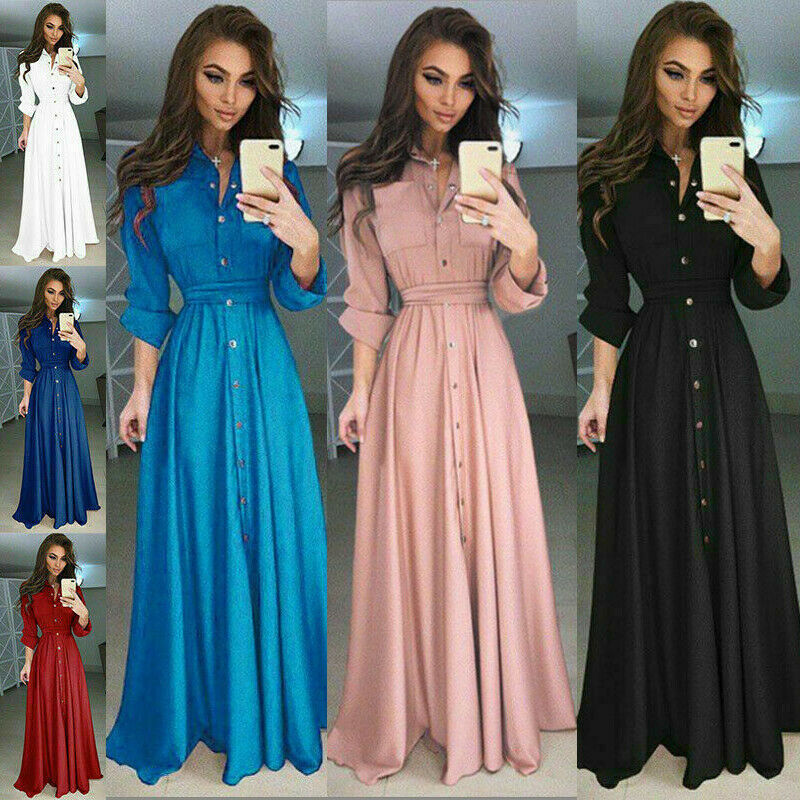 Casual Dresses Summer Autumn Female Buttons V Neck Long Sleeve Solid Black Red Loose Big Size Maxi Dress Women Fashion T
